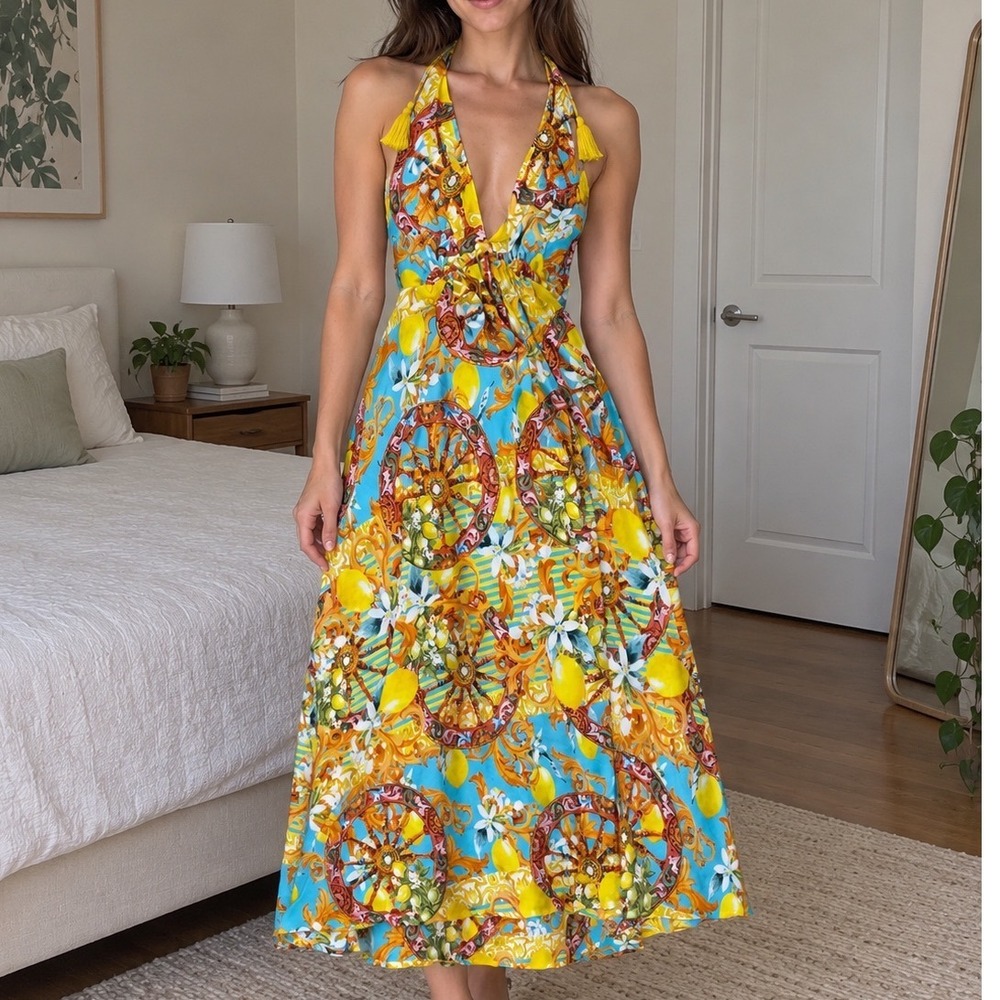 Antica Sartoria Giacomo Cinque Lemon Baroque Halter Maxi Dress One Size tropical